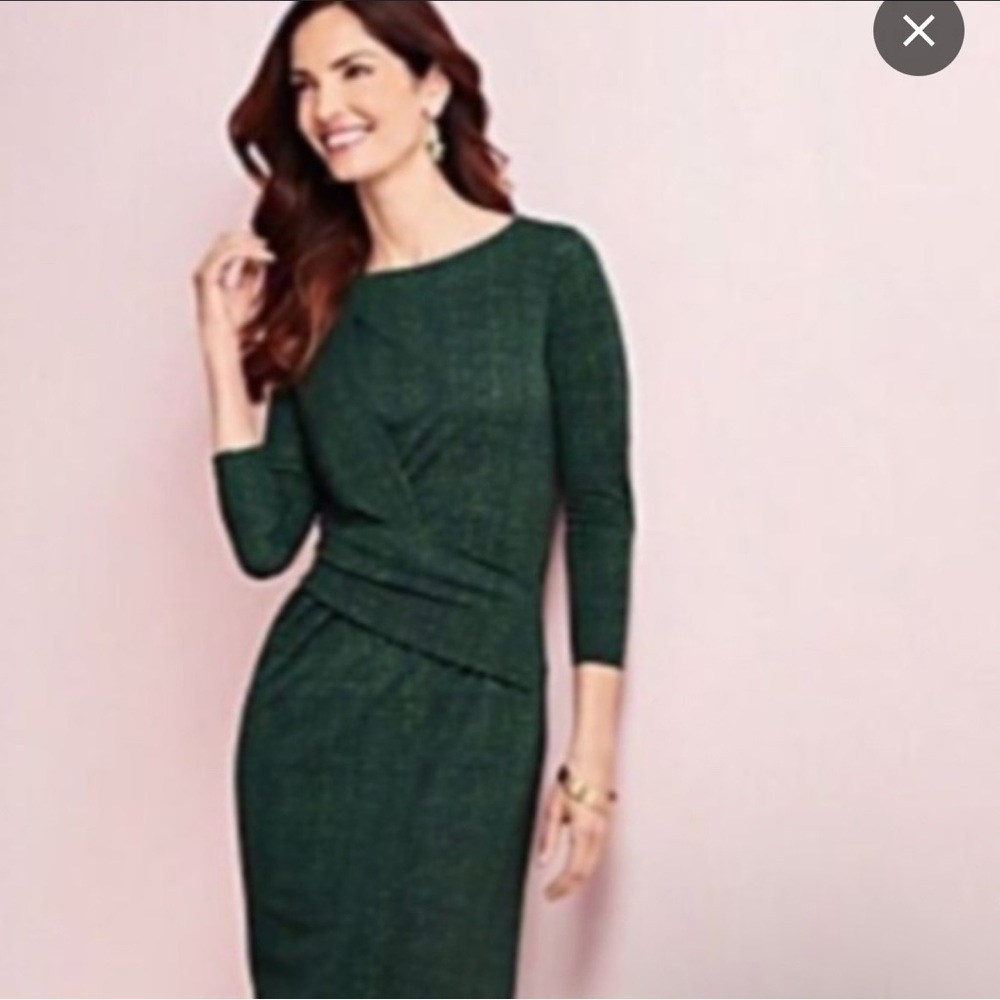 Talbots Faux Wrap Dress Size L Green 3/4 Sleeves Stretch Office Career Comfort